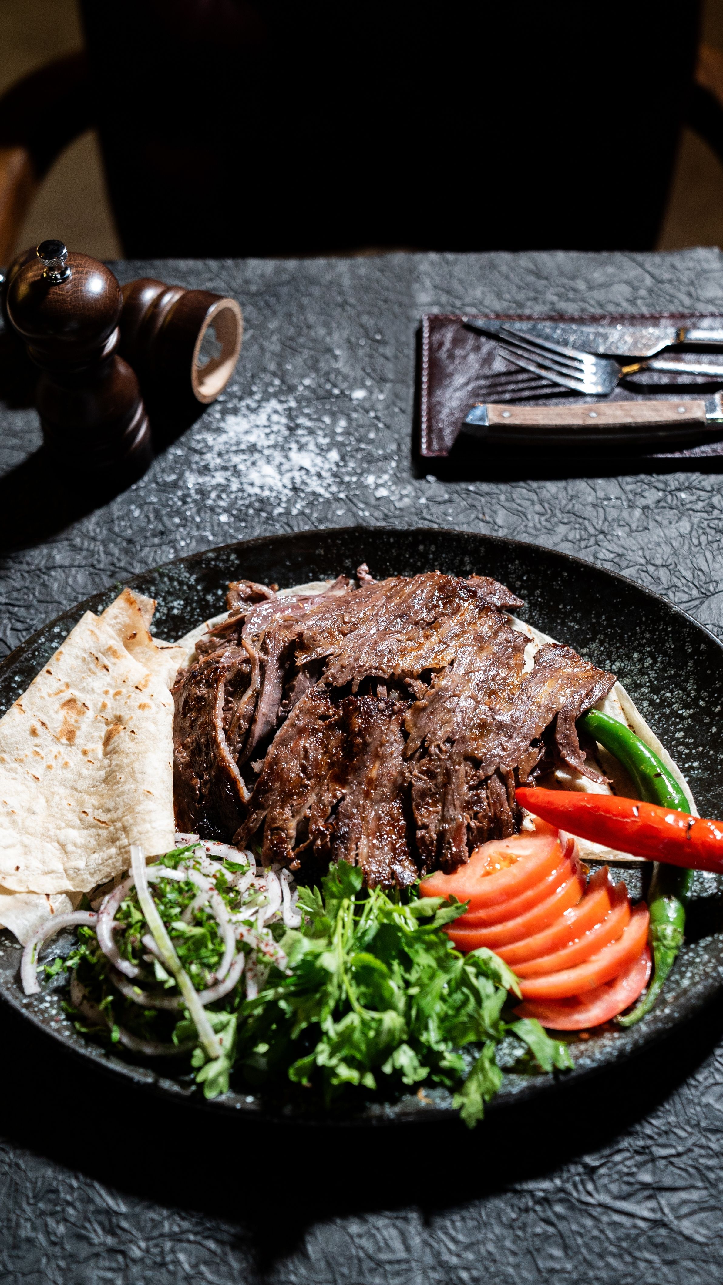 Grilled steak plate with vegetables for beach catering in Galveston