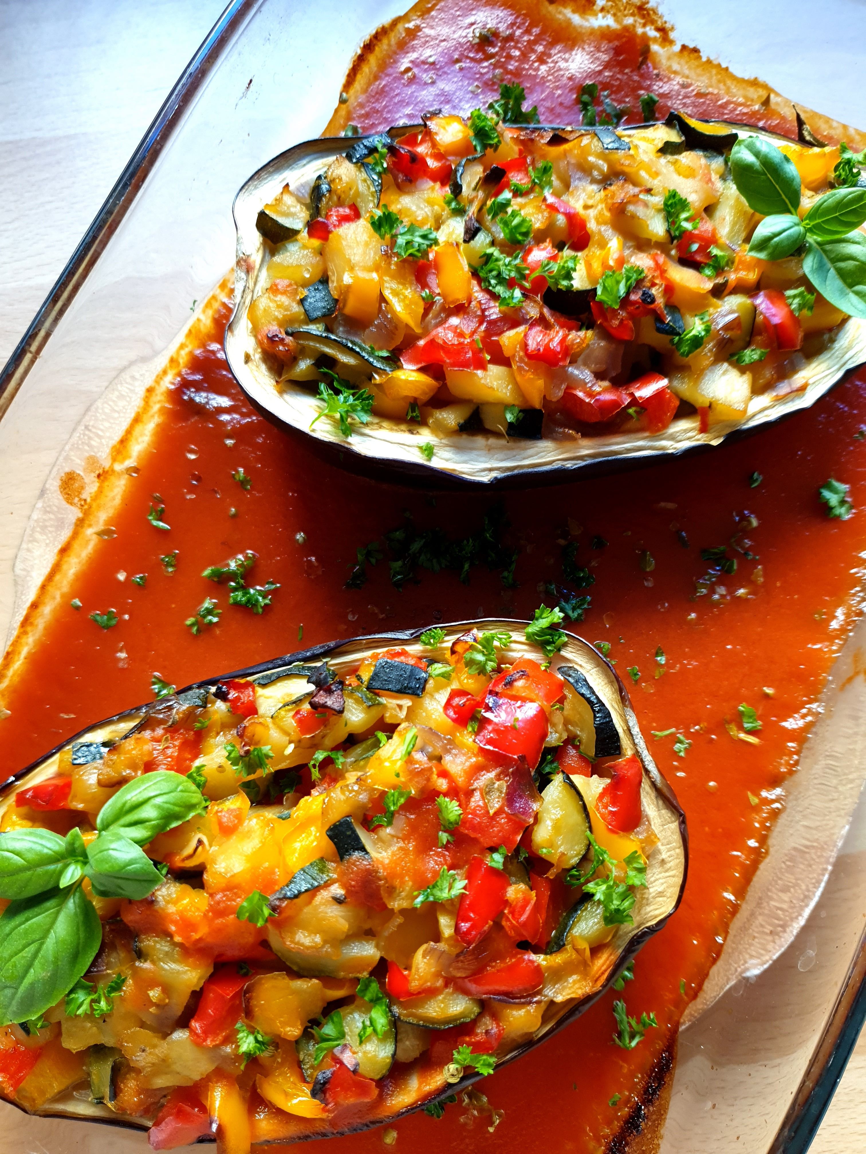 Stuffed eggplant with fresh salsa for coastal catering in Galveston